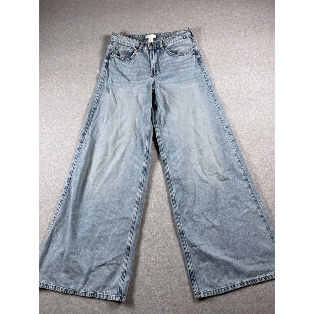 H&M Wide Leg Jeans Women 6 Blue High Rise Light Wash Baggy Y2K Streetwear Denim